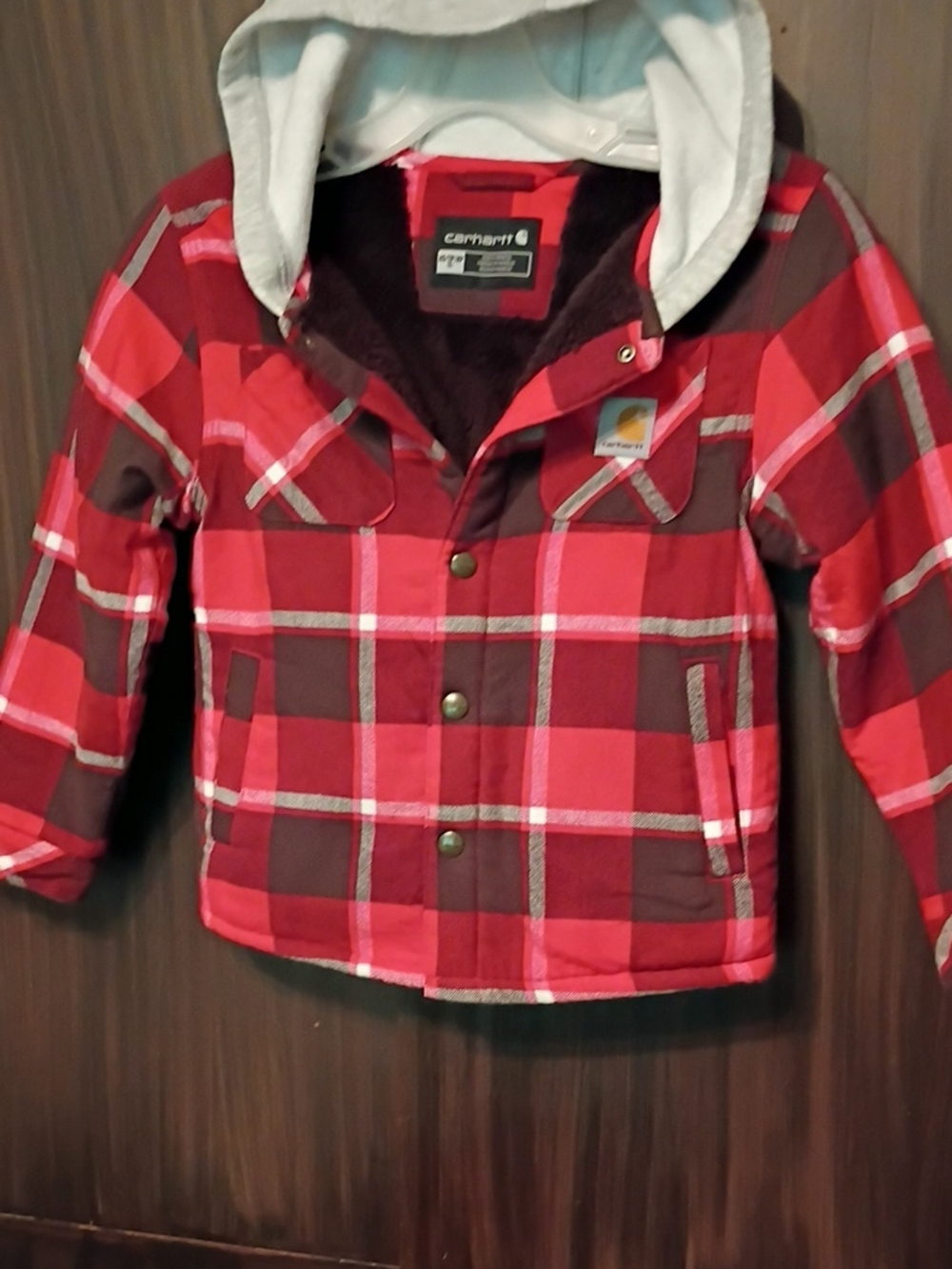 Carhartt Kids Red, Brown & Dark Red Plaid Hooded Sherpa Lined Flannel Jacket XS6
